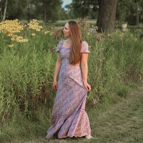 Vintage Dresses & Skirts - Vintage Floral Cottagecore Prairie Square Neck Puff Sleeve Maxi Dress